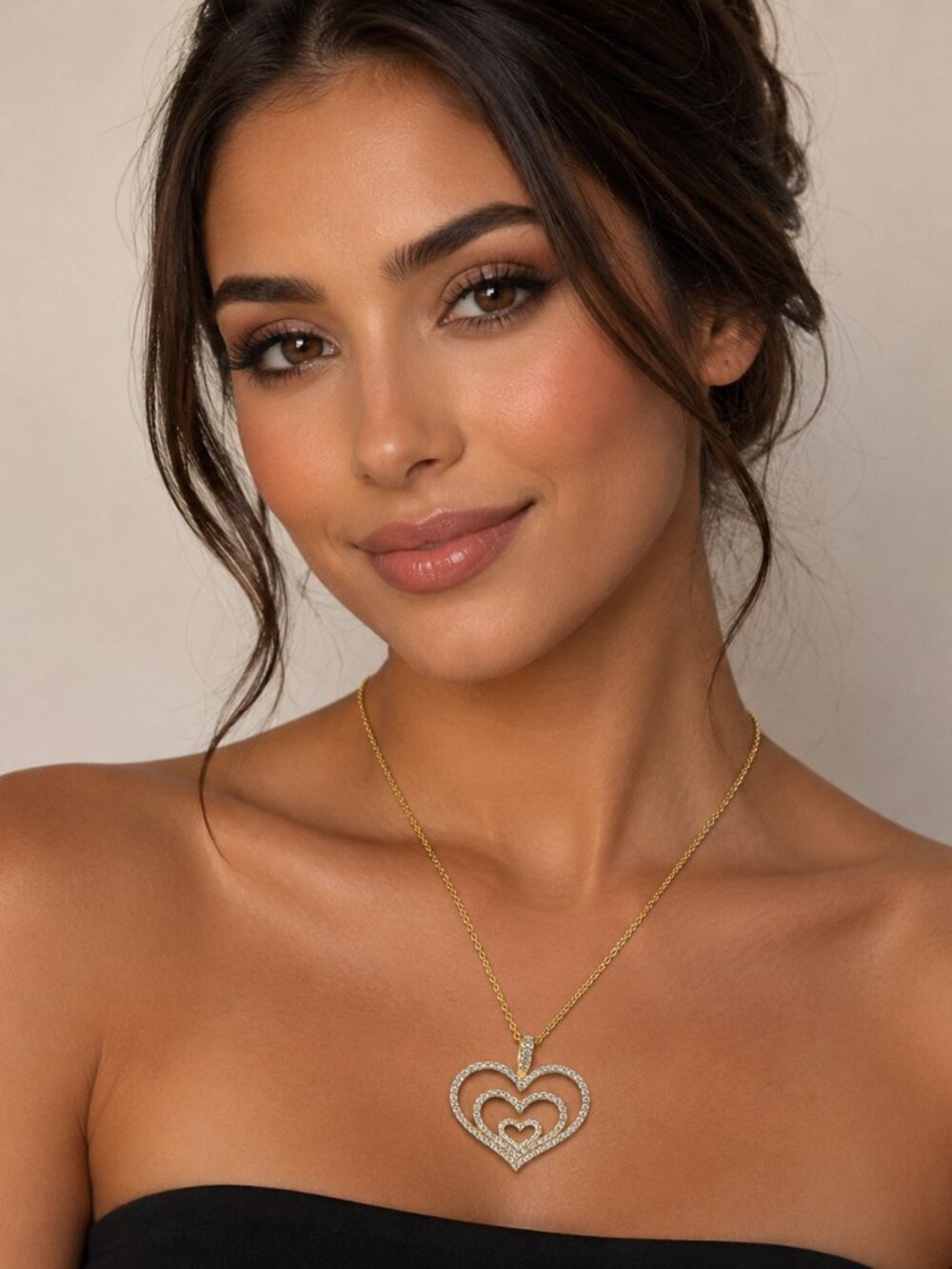 Vintage Nolan Miller Gold Toned Pavé Crystal Triple Heart Pendant Necklace